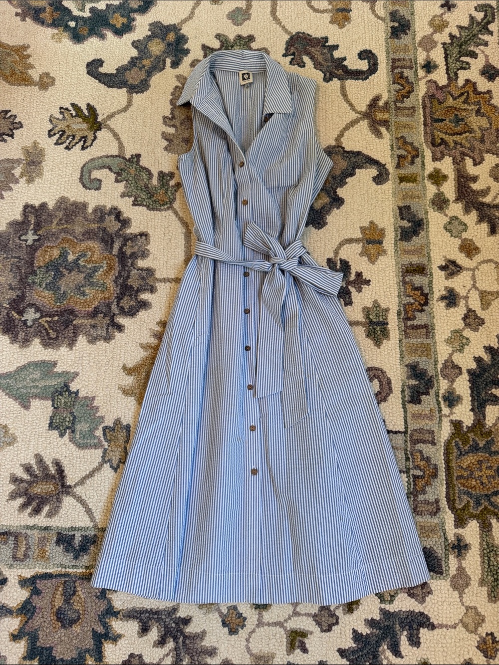 Striped Sleeveless Button-Front Maxi Dress with Tie Waist - Blue